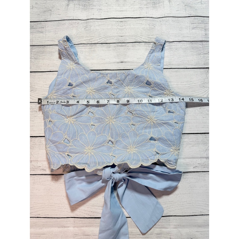 Blue Floral Eyelet Embroidered Flowers Crop Top Small Boho Cottagecore Casual - Picture 6 of 6